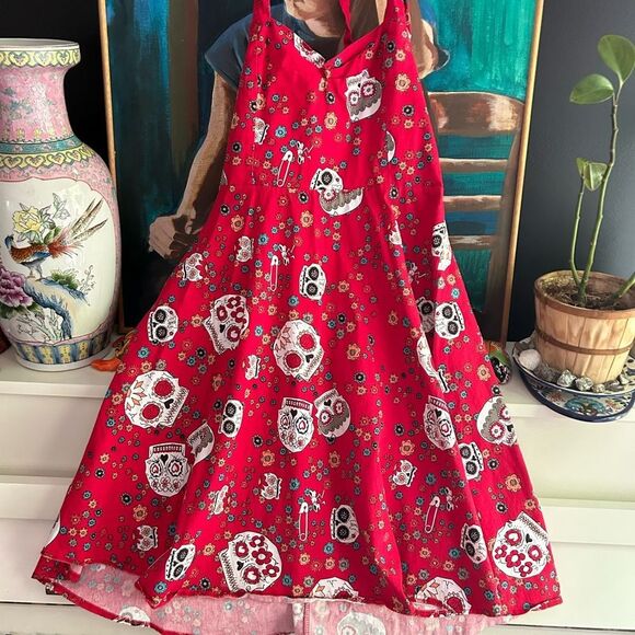 Vibrant Red Skull Pattern Mini Dress L - Picture 2 of 16